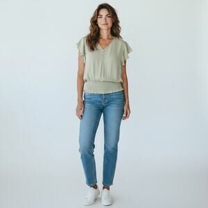 NWT Rachel Zoe Short Ruffle Sleeve Ruched Waist Blouse Sage Green - Size‎ Medium